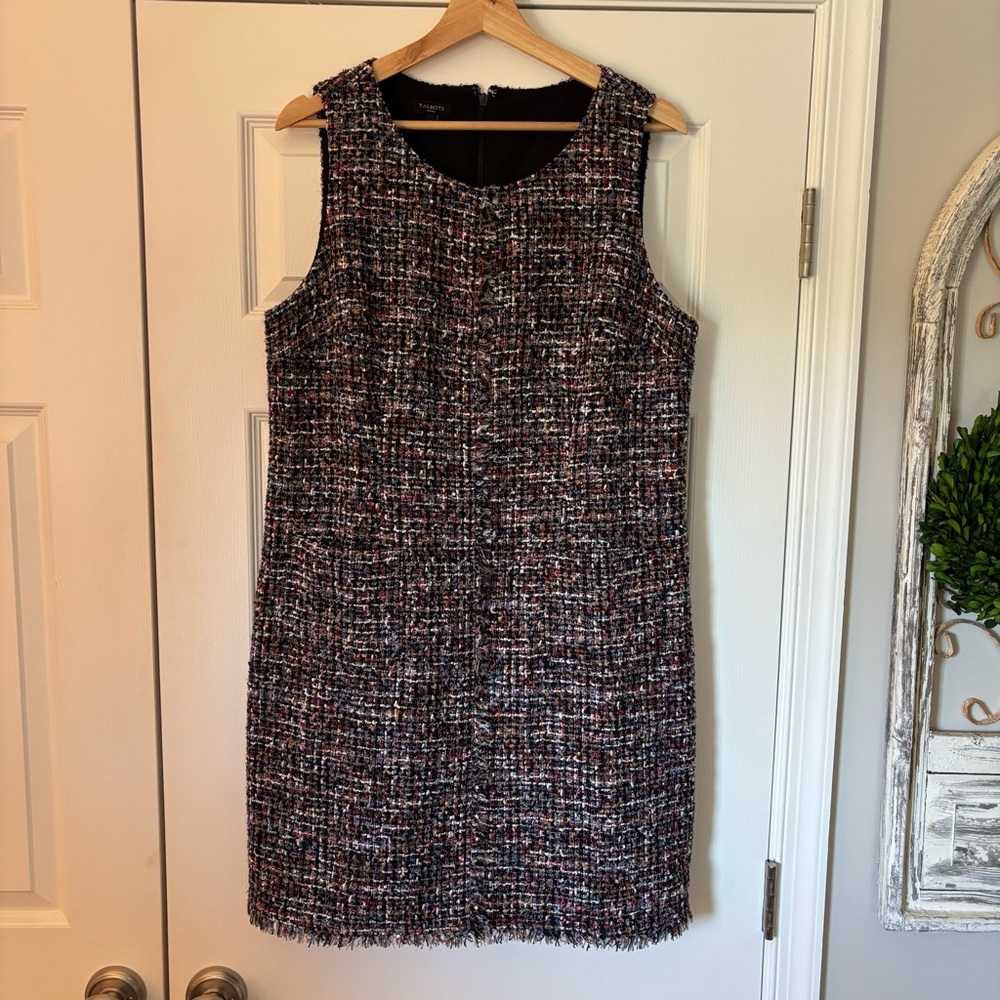Talbots Fringed Festive Tweed Sheath Dress Sleeveless Multicolor 16P Petite - Picture 2 of 10